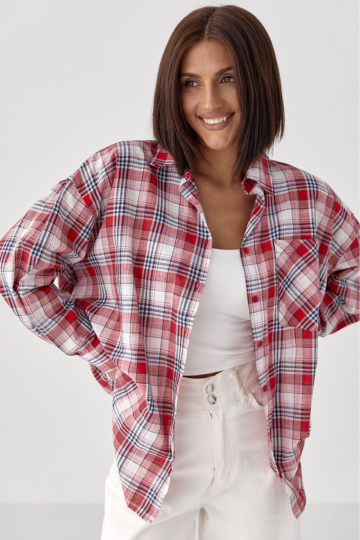 Жіноча клітчаста сорочка на ґудзиках  червоний колір