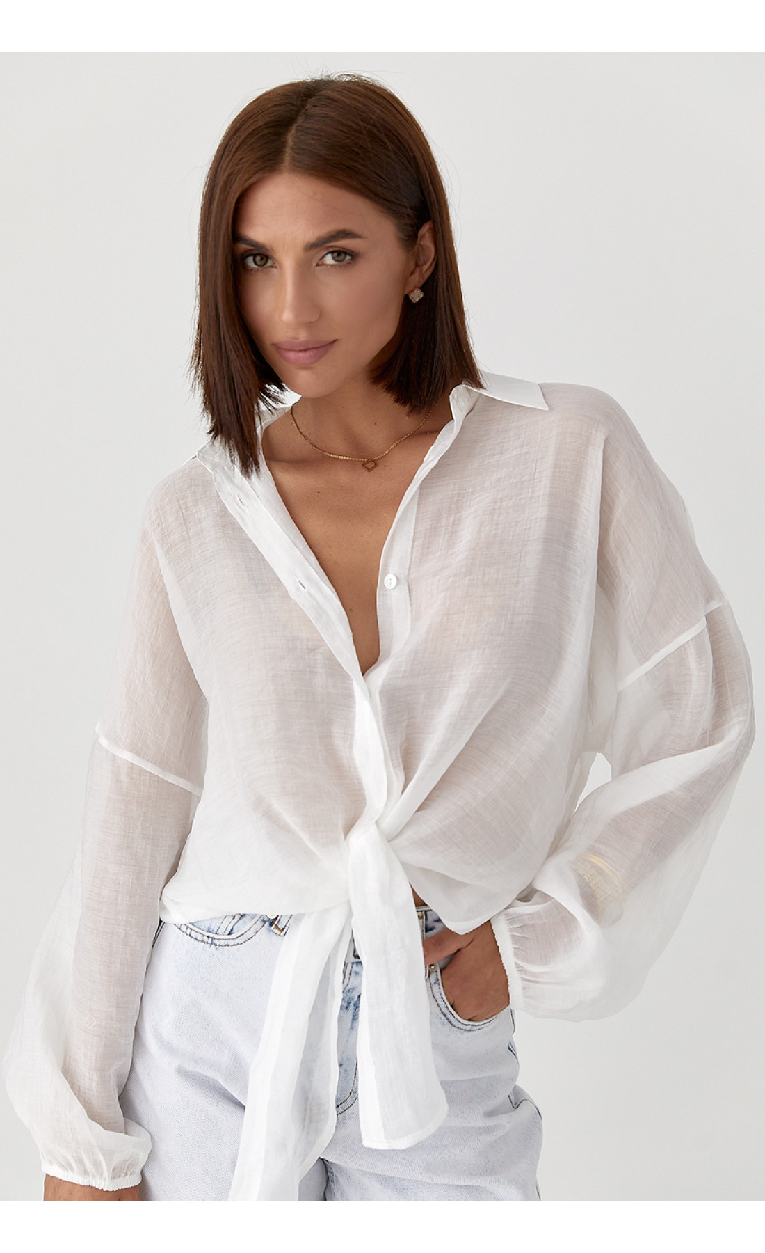 Напівпрозора сорочка з тенселу  білий колір