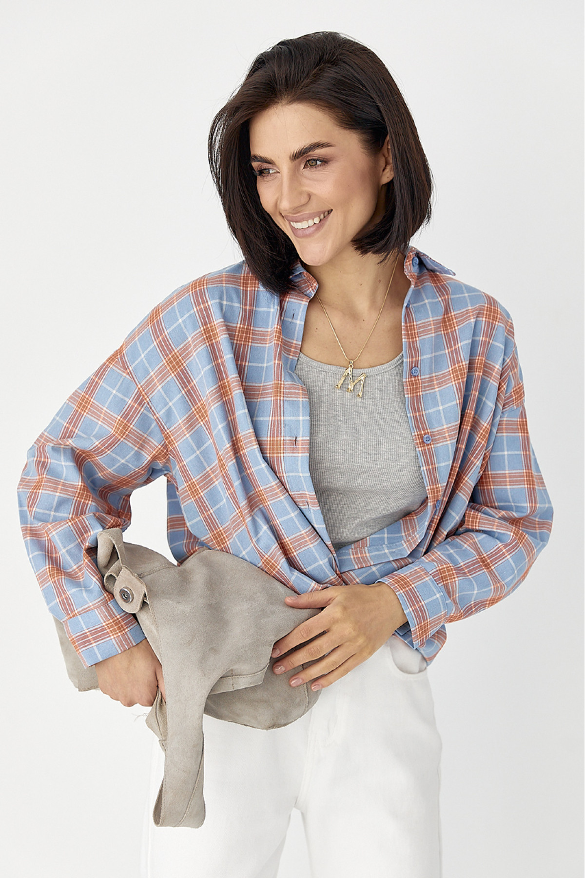 Жіноча сорочка в клітинку з кишенею  помаранчевий колір