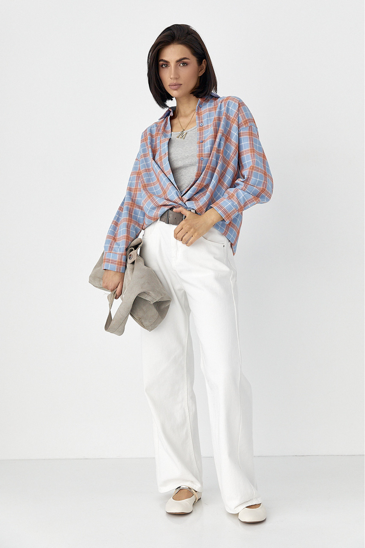 Жіноча сорочка в клітинку з кишенею  помаранчевий колір