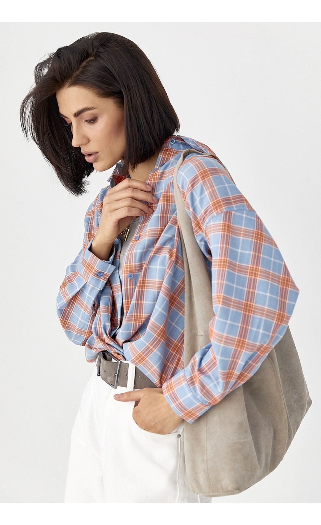 Жіноча сорочка в клітинку з кишенею  помаранчевий колір