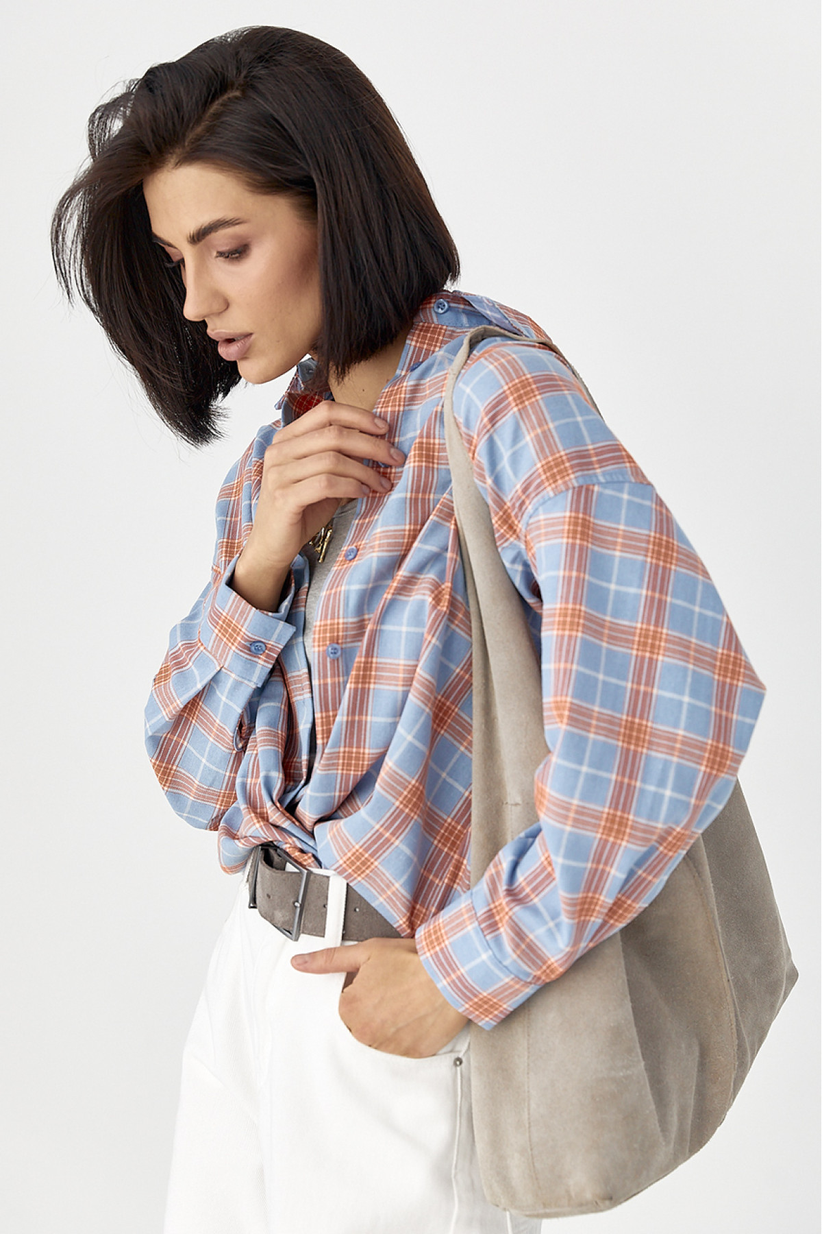 Жіноча сорочка в клітинку з кишенею  помаранчевий колір