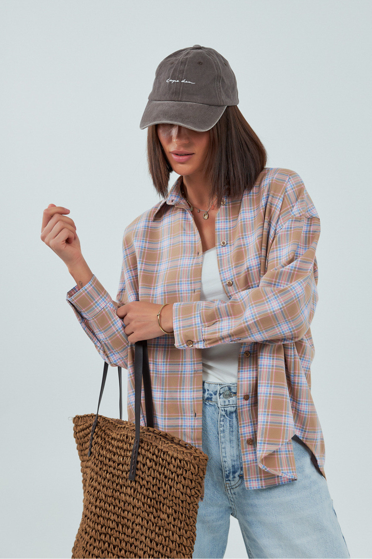 Сорочка в клітинку вільного крою  кавовий колір