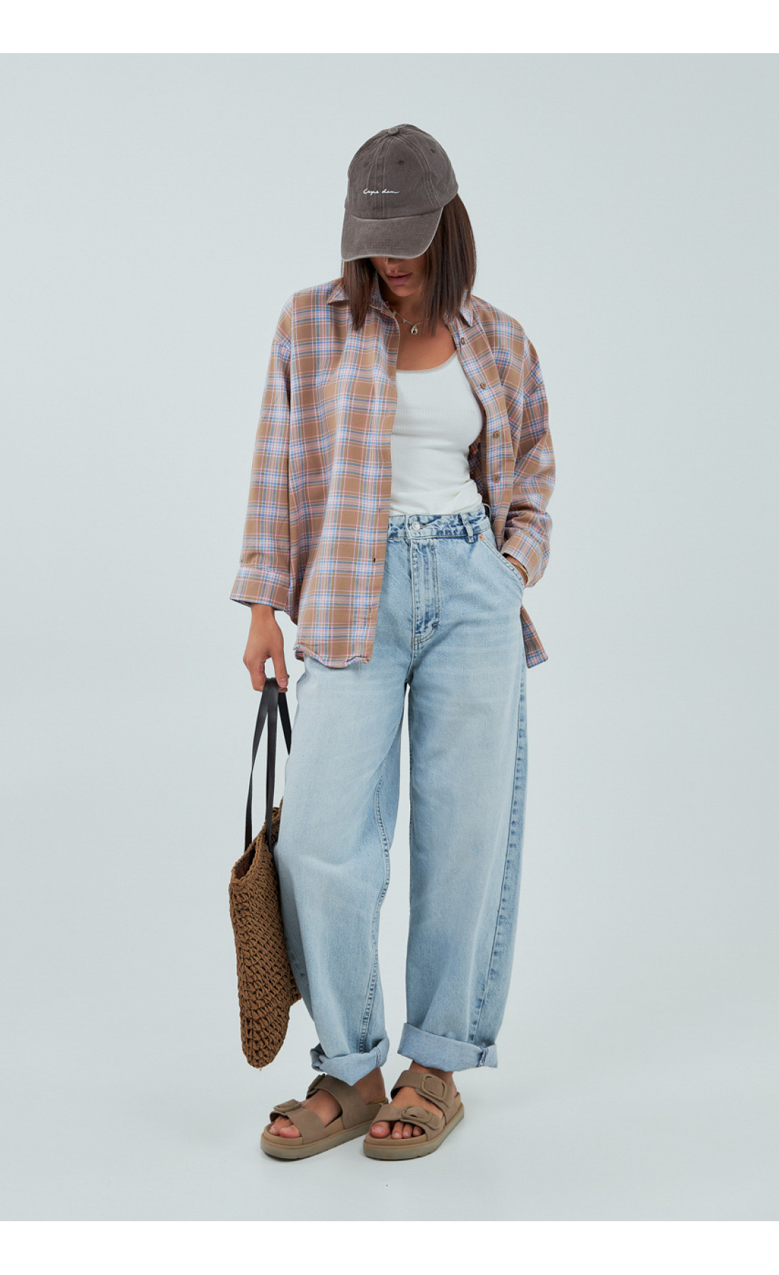 Сорочка в клітинку вільного крою  кавовий колір