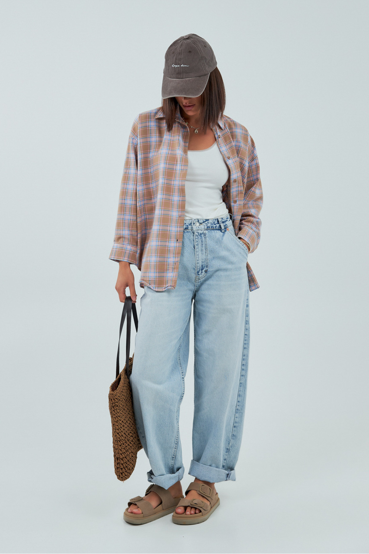 Сорочка в клітинку вільного крою  кавовий колір