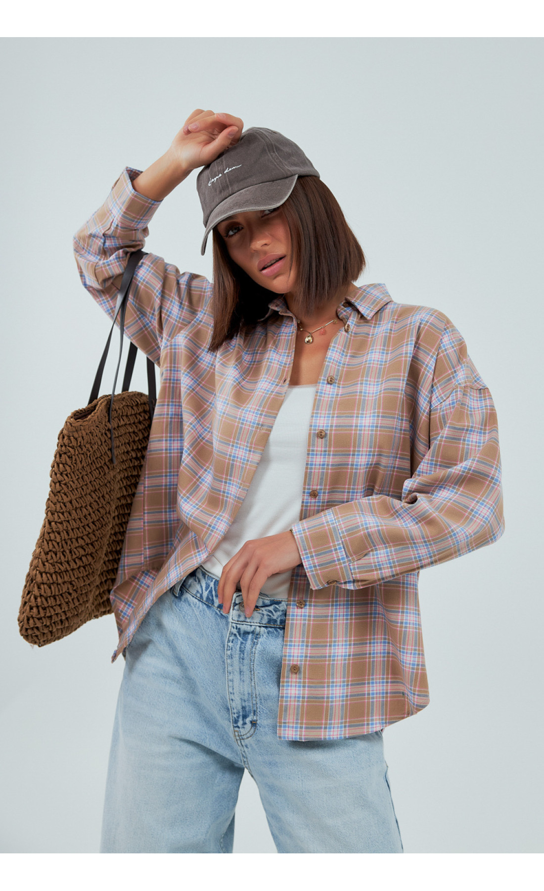 Сорочка в клітинку вільного крою  кавовий колір