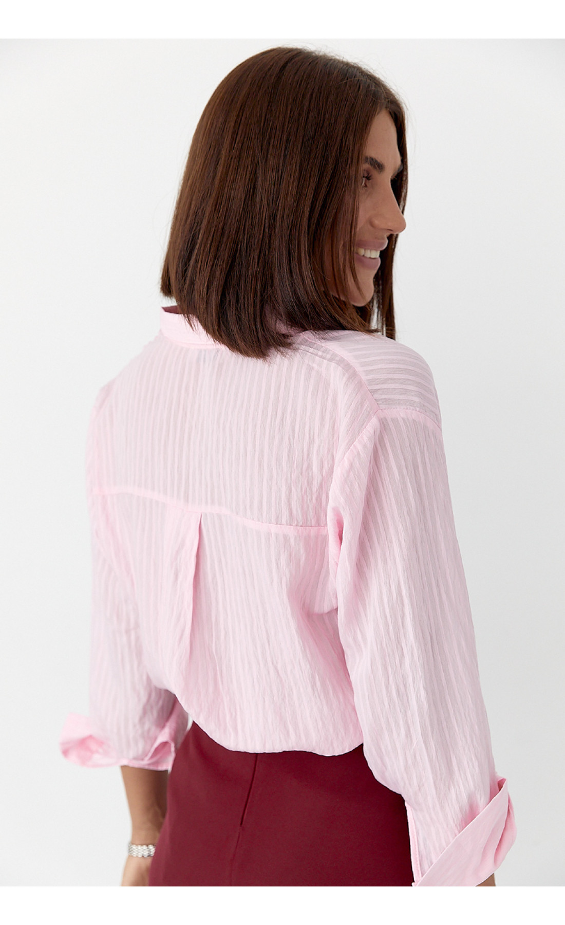 Смугаста сорочка з подовженою спинкою  рожевий колір