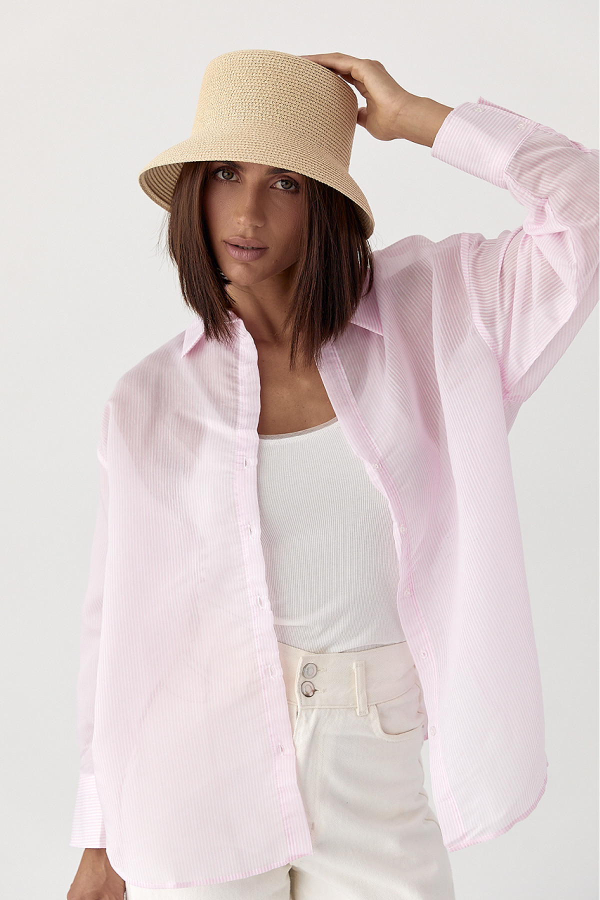 Напівпрозора сорочка в дрібну смужку  рожевий колір