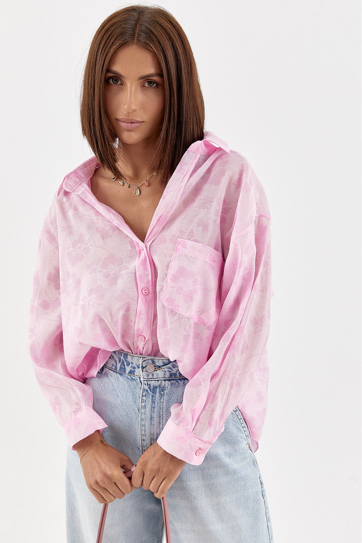 Бавовняна сорочка з квітковим принтом  рожевий колір