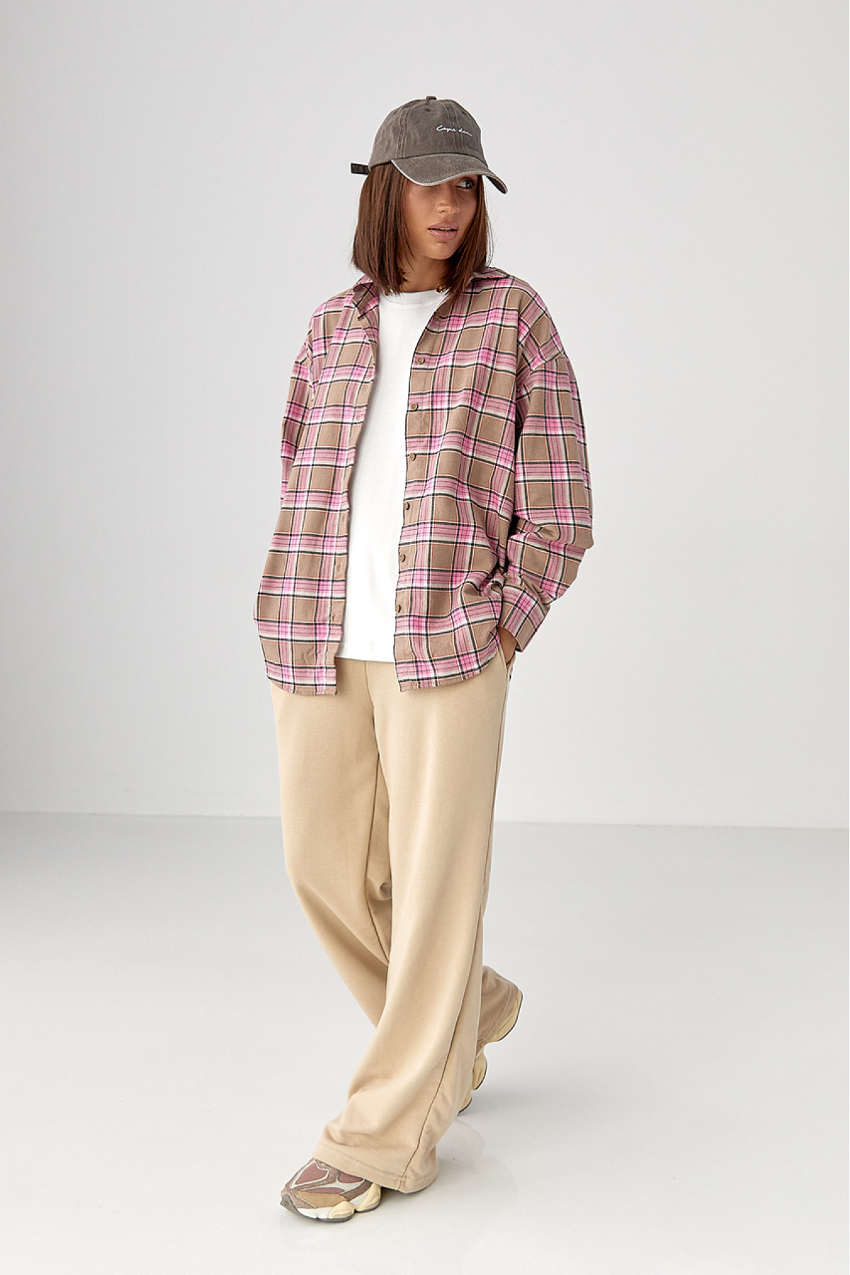 Клітчаста сорочка з напівкруглим низом  рожевий колір