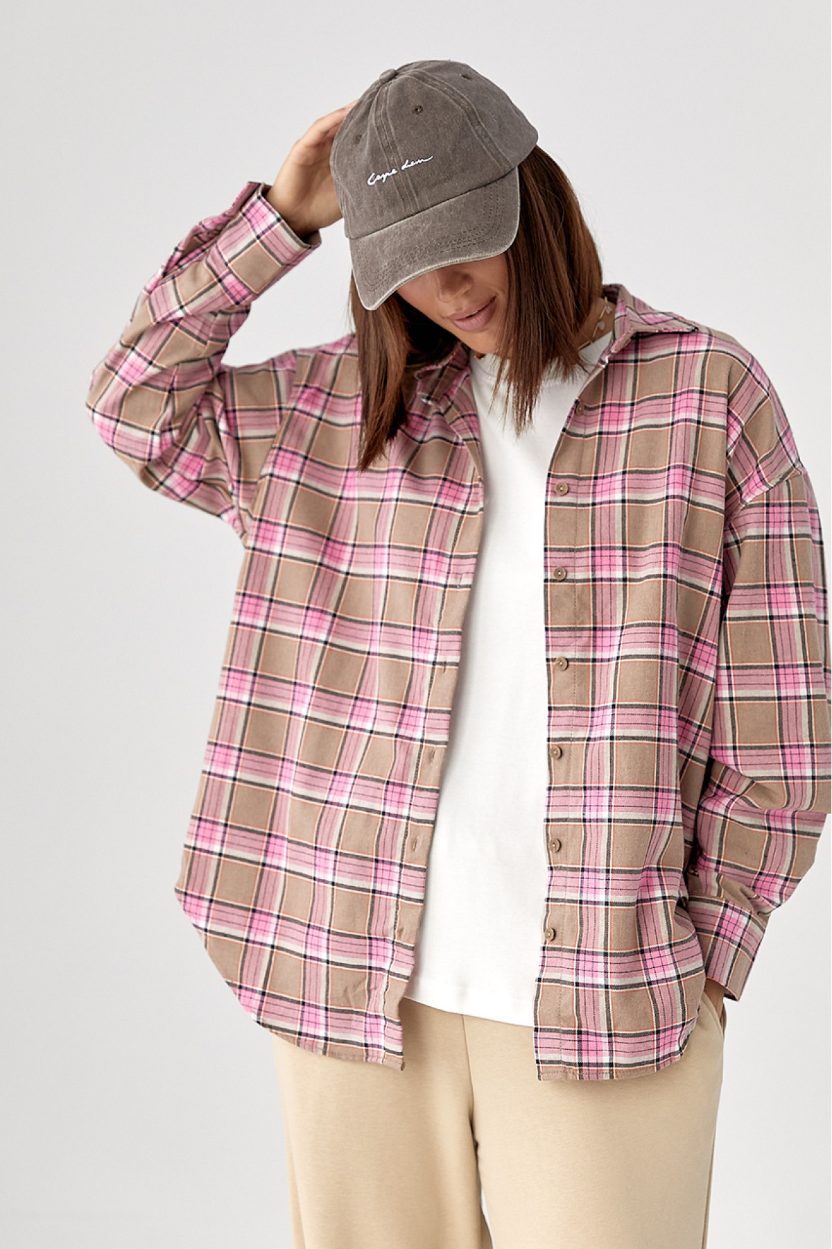 Клітчаста сорочка з напівкруглим низом  рожевий колір