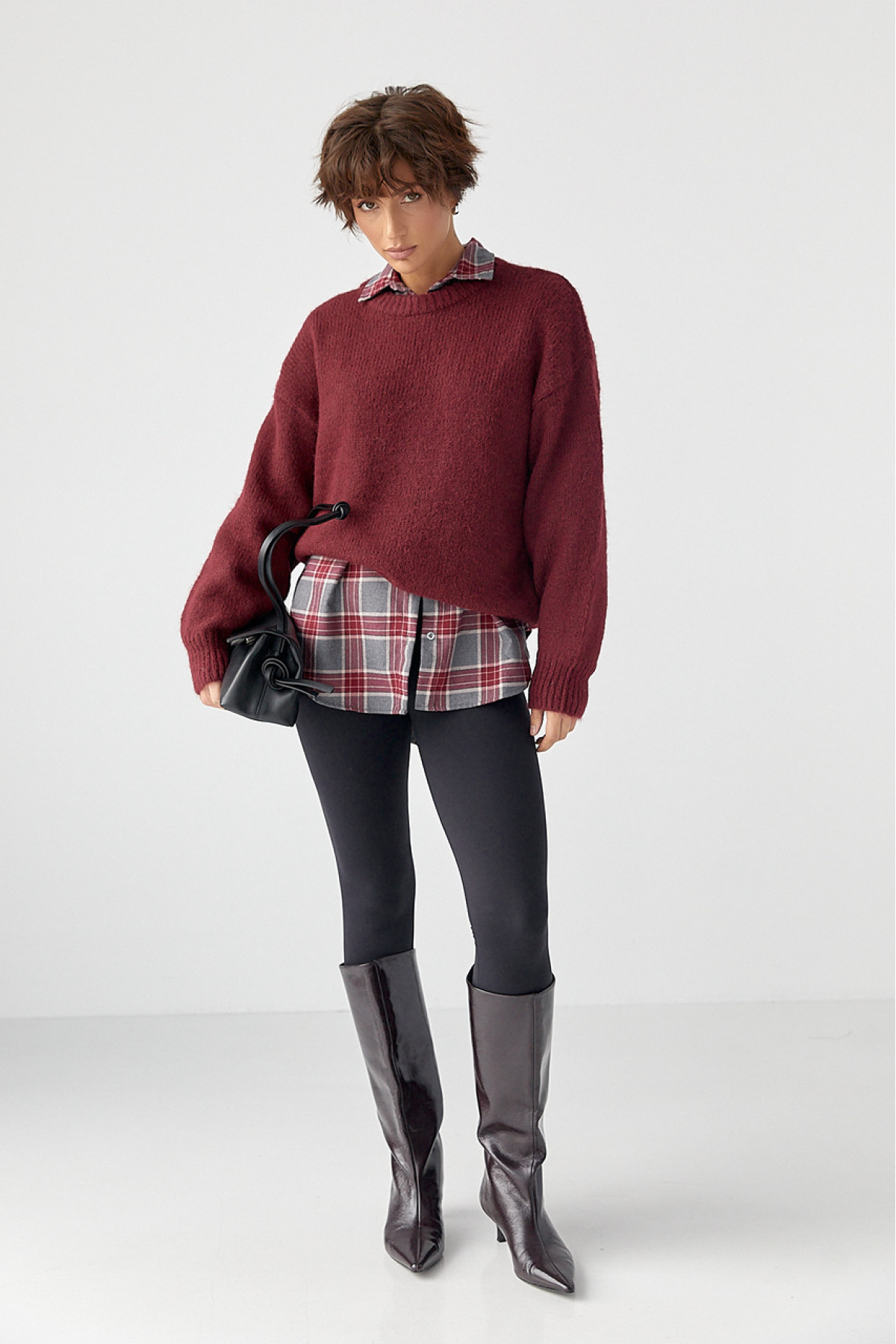 Сорочка в клітинку з подовженою спинкою  темночервоний колір