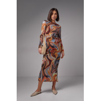 Костюм зі спідницеюміді та джемпером із сітки  теракотовий колір