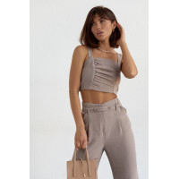 Жіночий бавовняний костюм із брюками та топом  кавовий колір