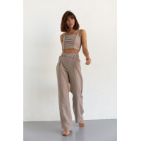 Жіночий бавовняний костюм із брюками та топом  кавовий колір