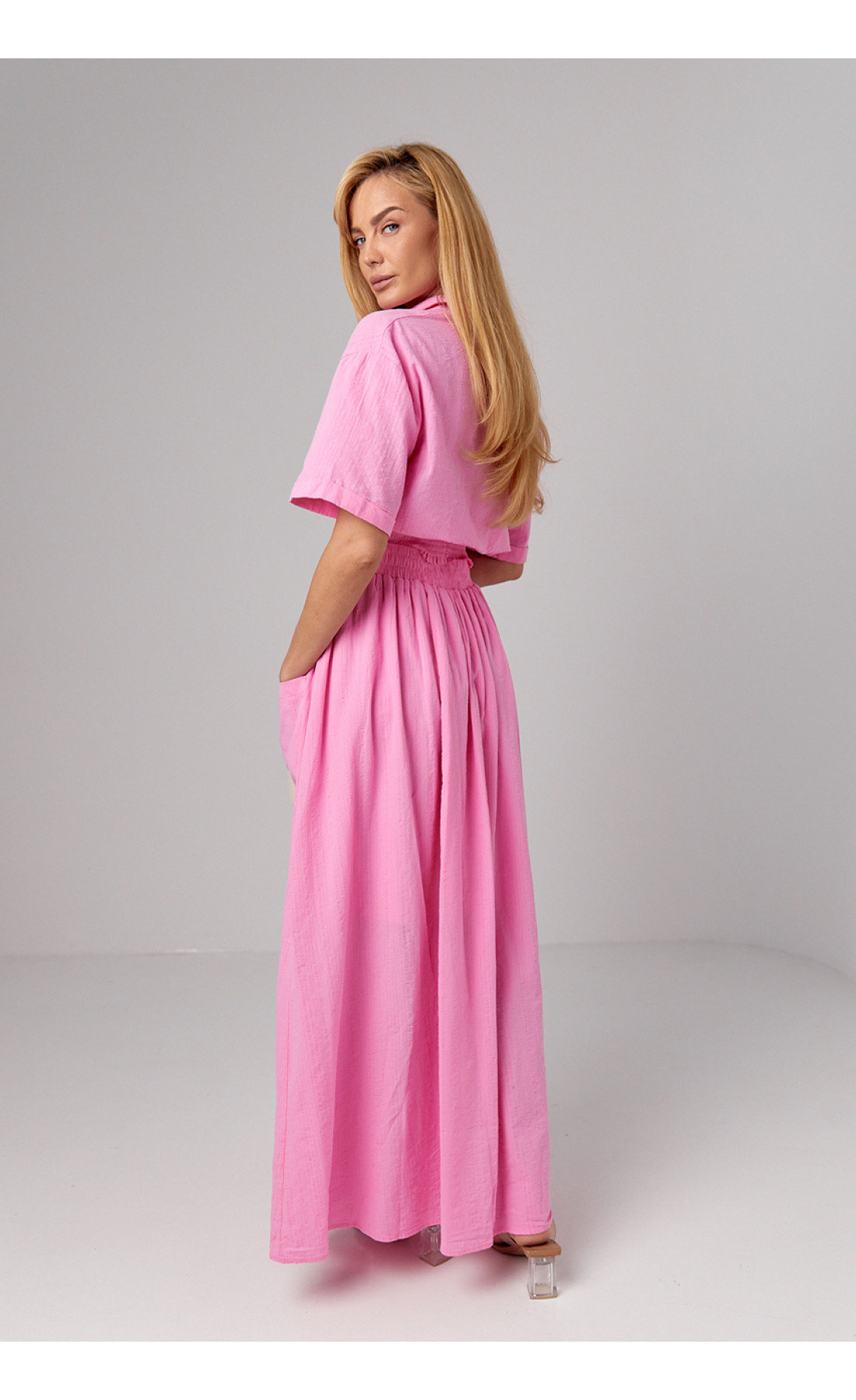 Літній спідничний костюм на гудзиках  рожевий колір
