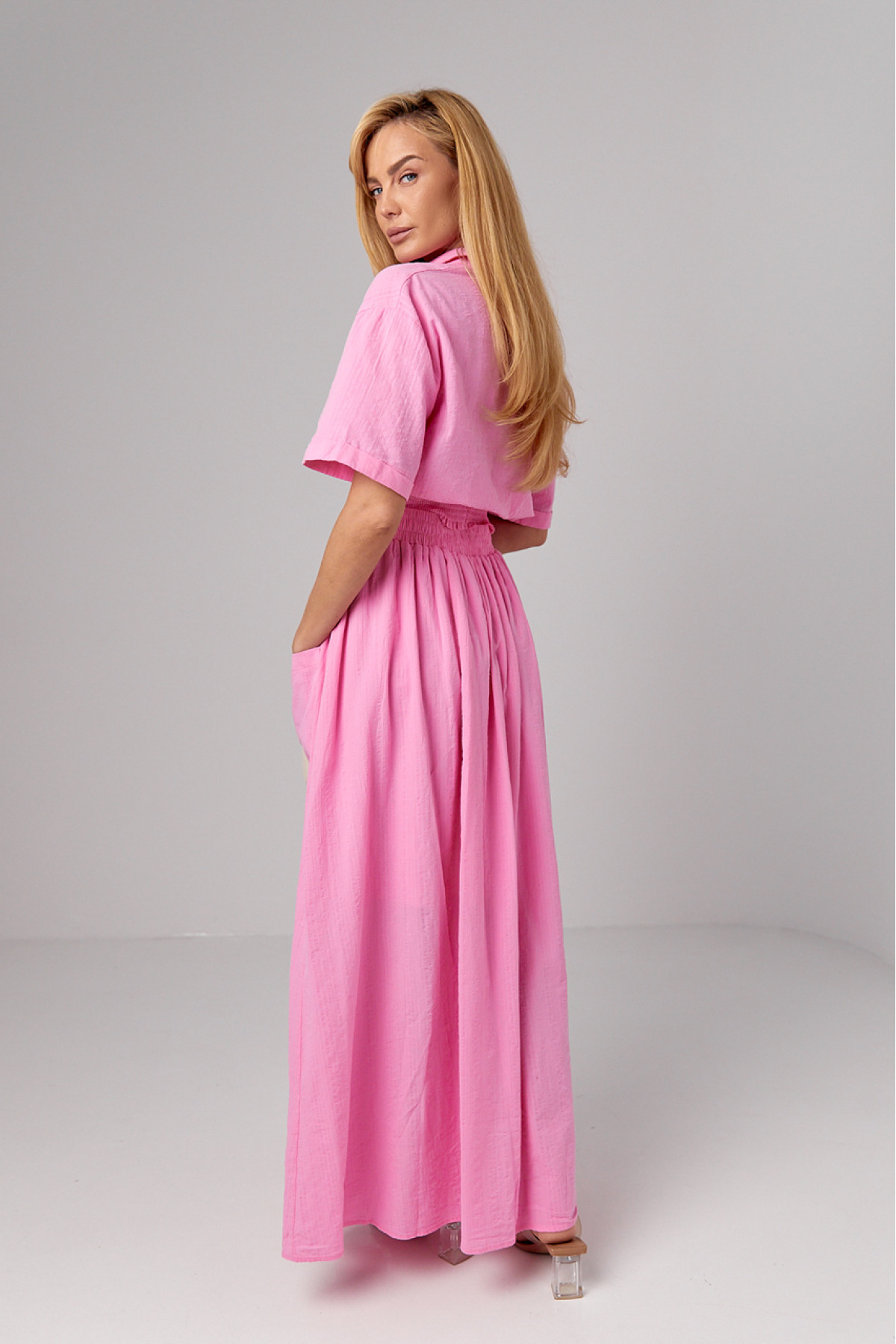 Літній спідничний костюм на гудзиках  рожевий колір