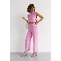 Літній жіночий костюм із брюками та топом із зав'язками  рожевий колір