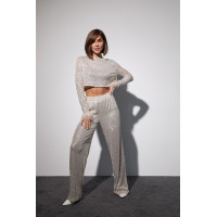 Брючний костюм з паєтками та пір'ям на рукавах  бежевий колір