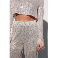 Брючний костюм з паєтками та пір'ям на рукавах  бежевий колір
