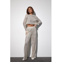 Брючний костюм з паєтками та пір'ям на рукавах  бежевий колір