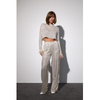 Брючний костюм з паєтками та пір'ям на рукавах  бежевий колір