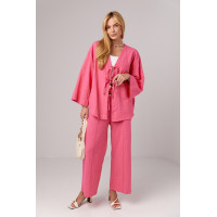 Лляний костюм з прямими штанами та сорочкою на зав'язках  рожевий колір
