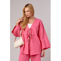 Лляний костюм з прямими штанами та сорочкою на зав'язках  рожевий колір