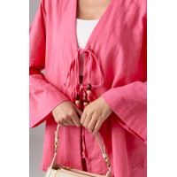 Лляний костюм з прямими штанами та сорочкою на зав'язках  рожевий колір