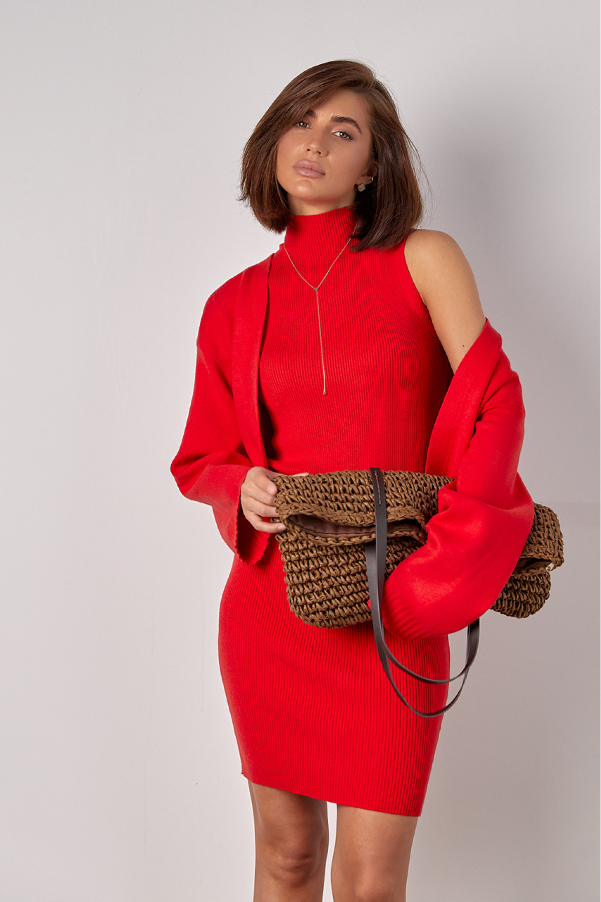 В'язаний костюм із сукнею в рубчик і кардиганом без застібки  червоний колір