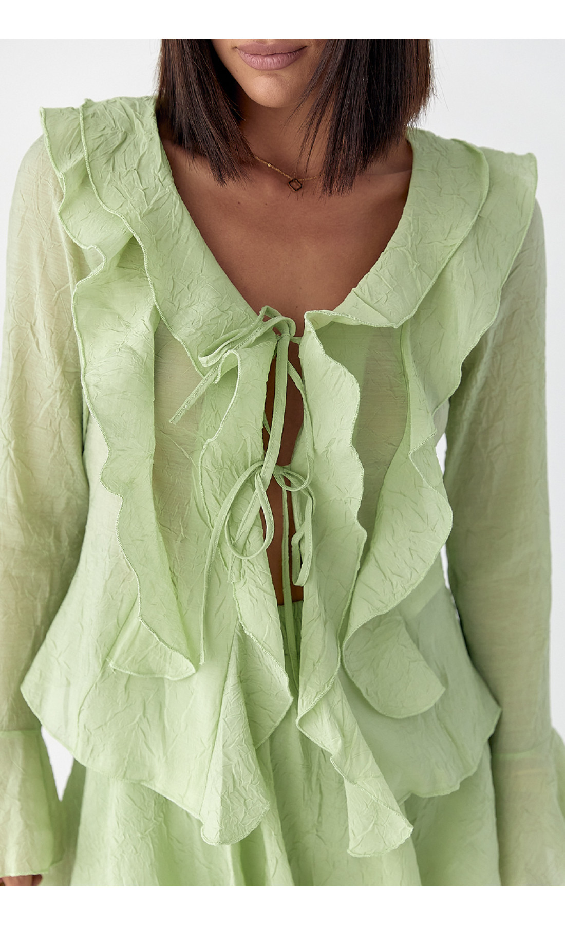 Літній костюм зі спідницею і блузою з рюшами  хакі колір