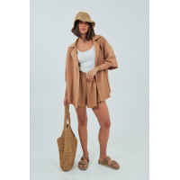 Трикотажний костюм із шортами та сорочкою  коричневий колір