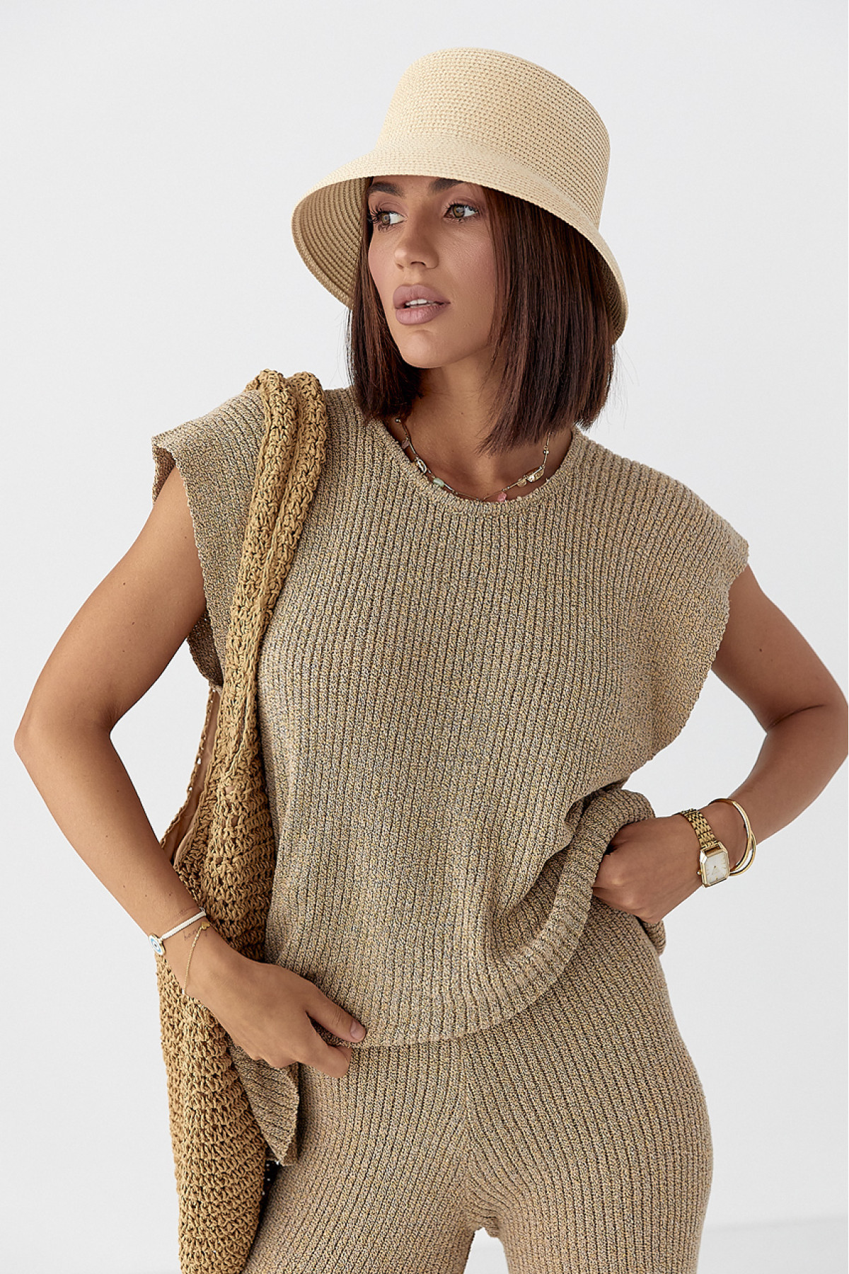 Літній в'язаний костюм із футболкою та штанами  меланж колір