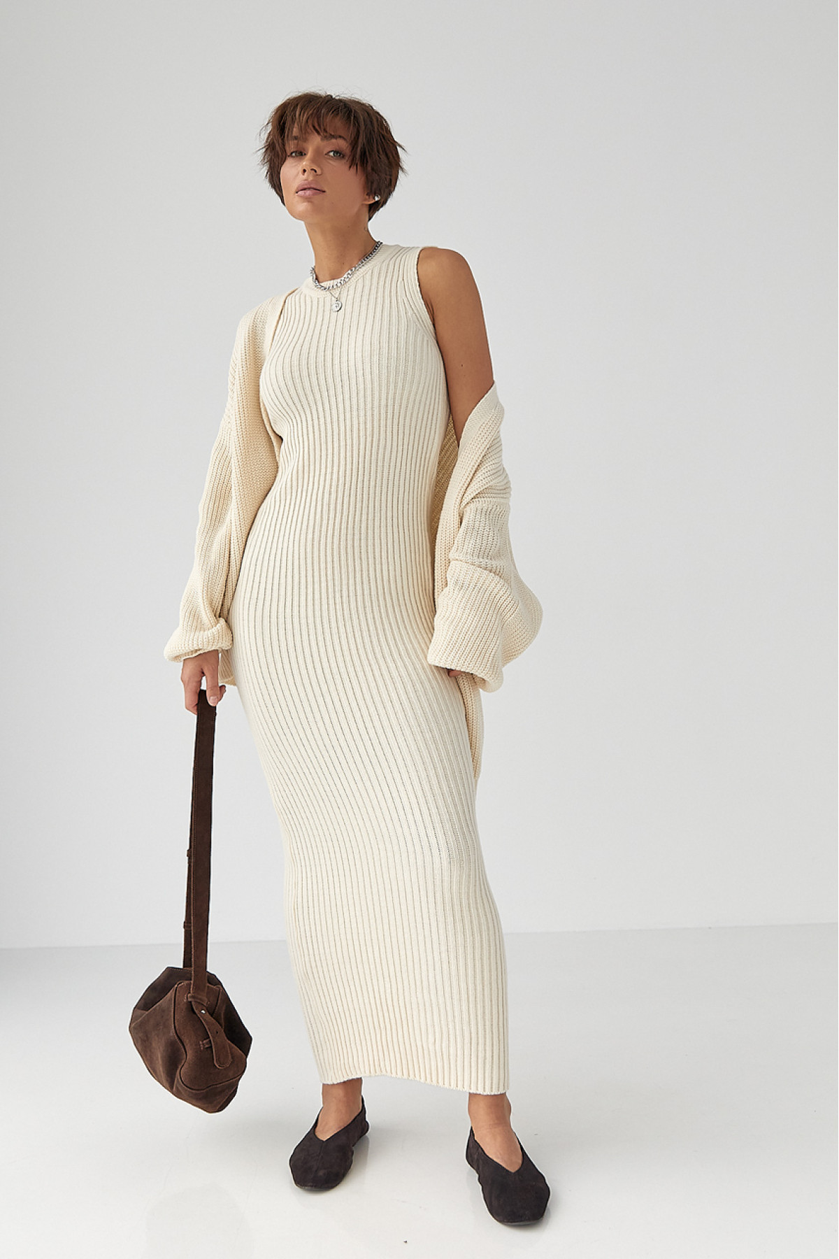 В'язаний костюм із сукнею та кардиганом  молочний колір