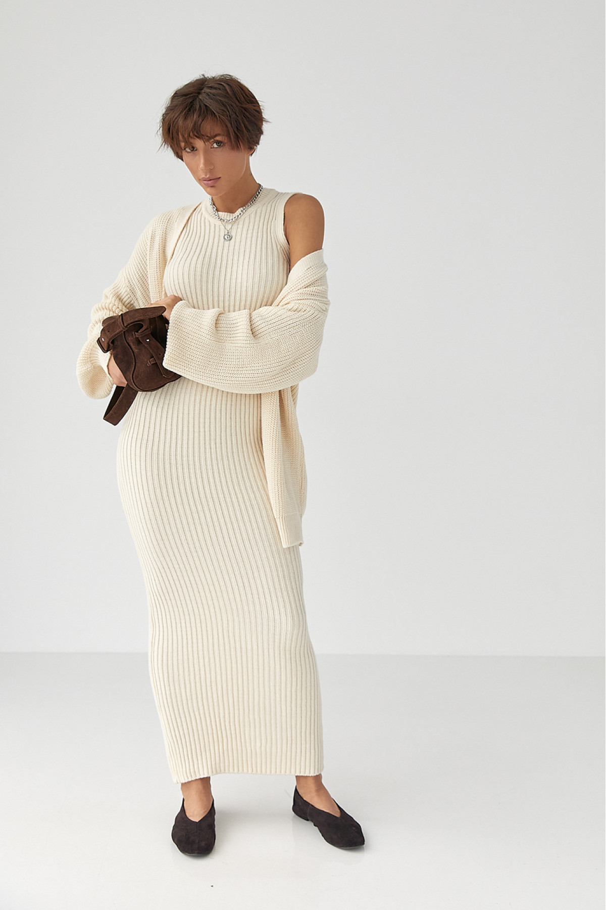 В'язаний костюм із сукнею та кардиганом  молочний колір