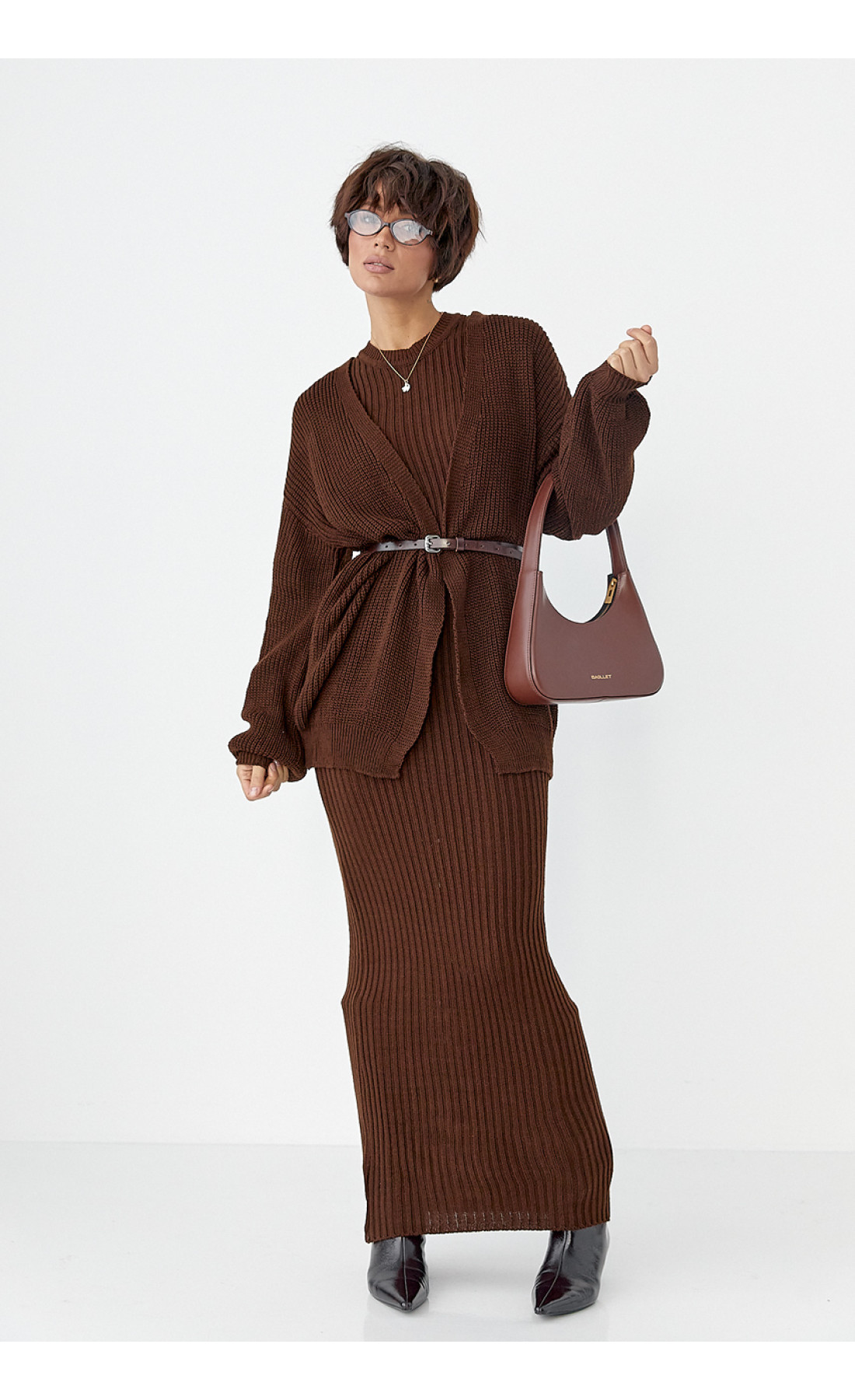 В'язаний костюм із сукнею та кардиганом  темнокоричневий колір