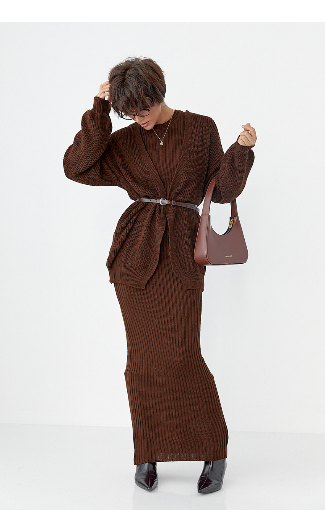 В'язаний костюм із сукнею та кардиганом  темнокоричневий колір