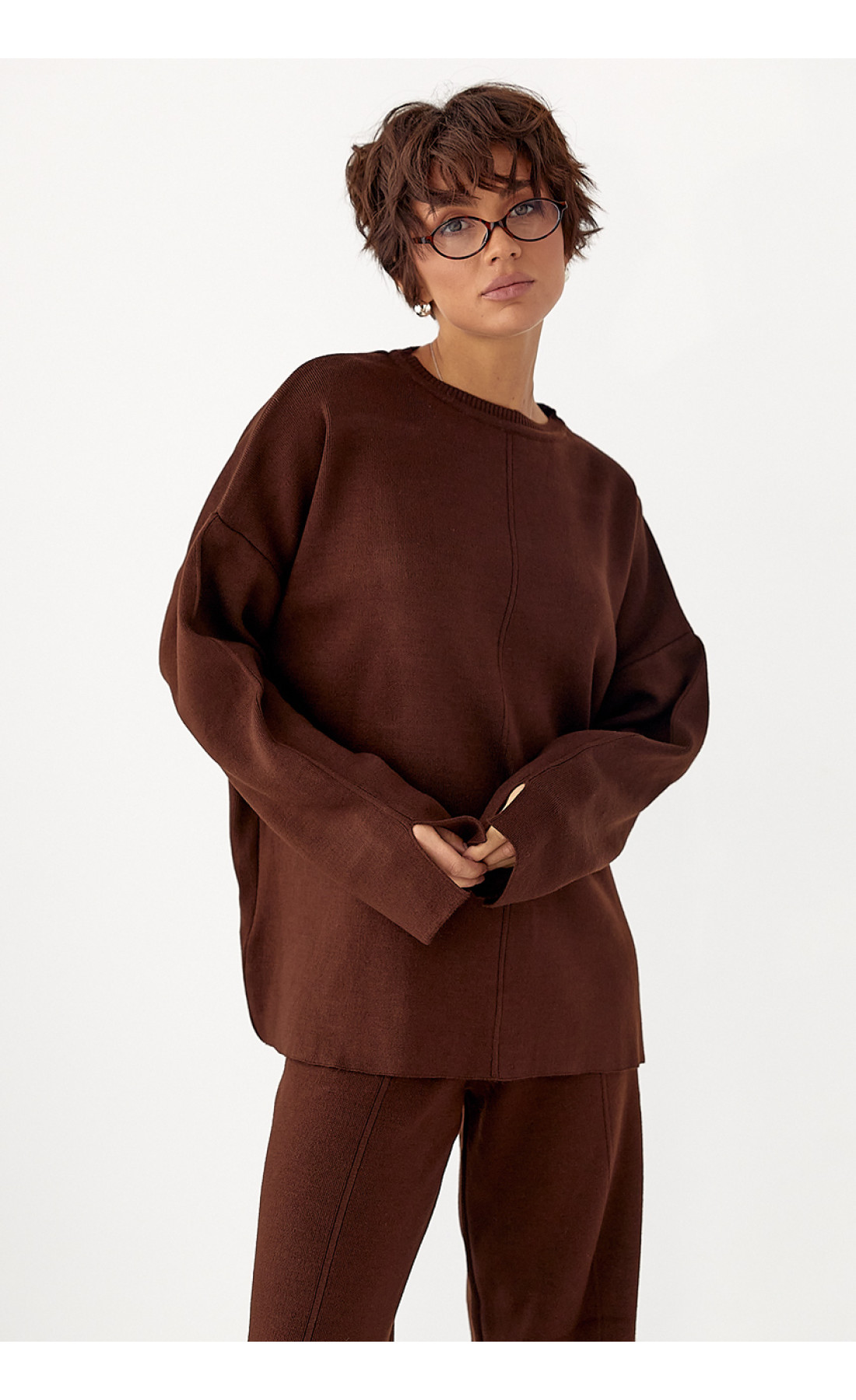 В'язаний костюм з вільною кофтою та широкими штанами  коричневий колір