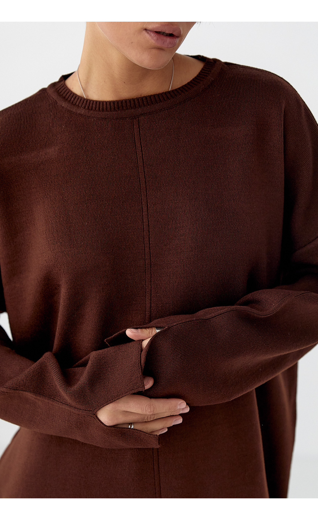 В'язаний костюм з вільною кофтою та широкими штанами  коричневий колір