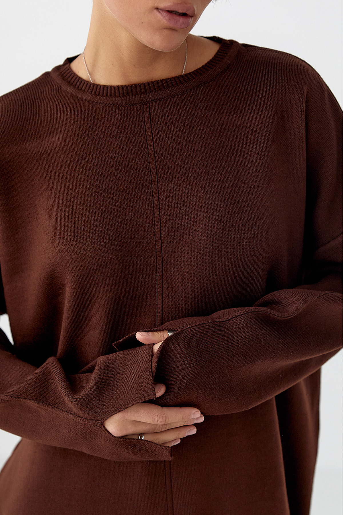 В'язаний костюм з вільною кофтою та широкими штанами  коричневий колір