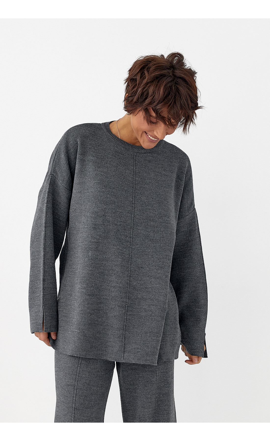 В'язаний костюм з вільною кофтою та широкими штанами  сірий колір