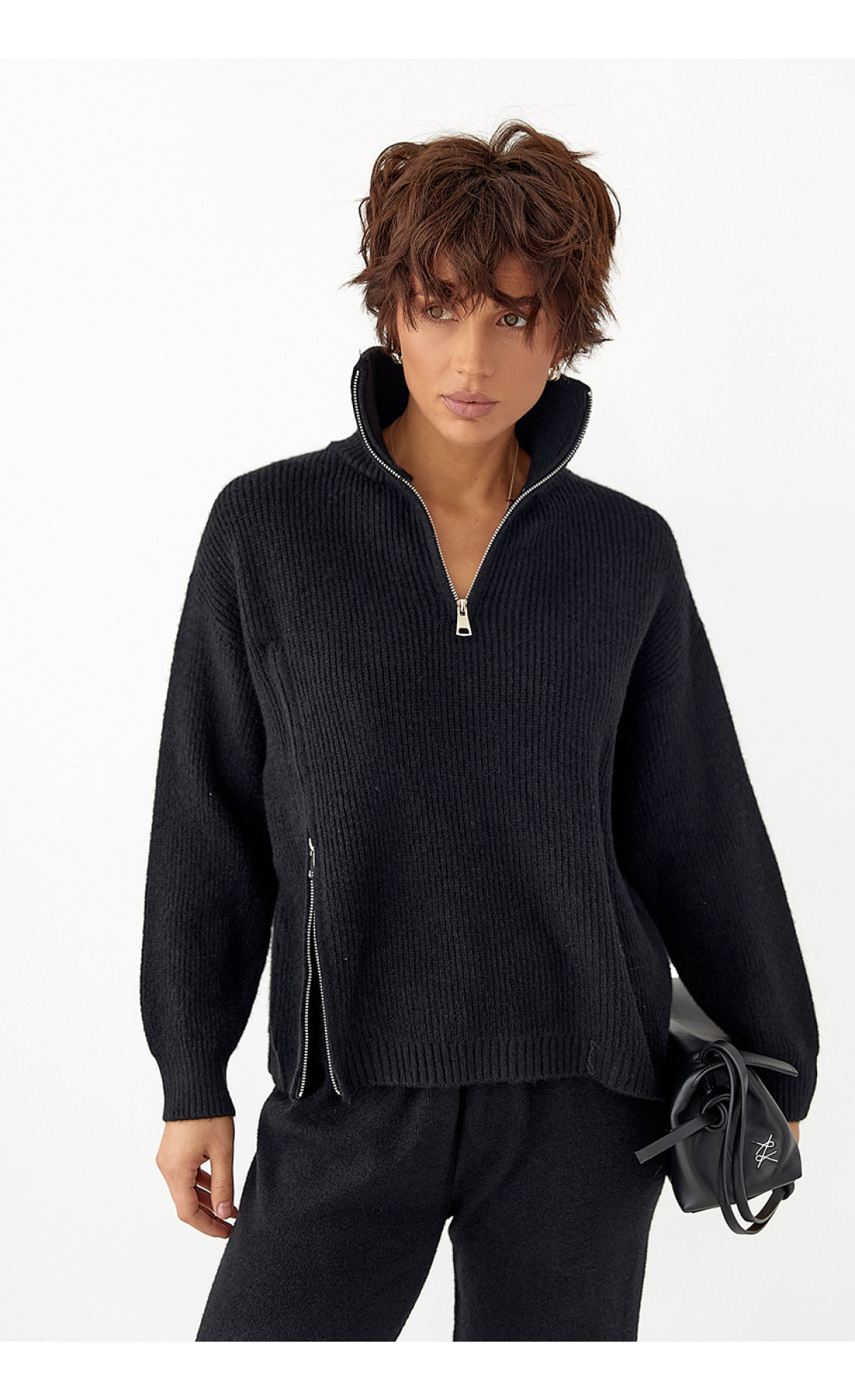 В'язаний костюм зі светром із блискавками та прямими штанами  чорний колір