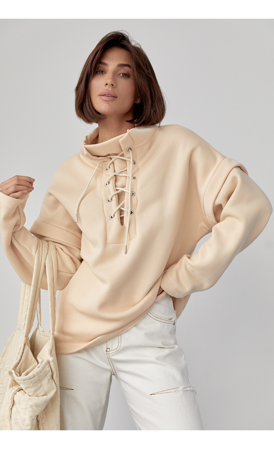 Теплий світшот із шнурівкою на горловині  бежевий колір