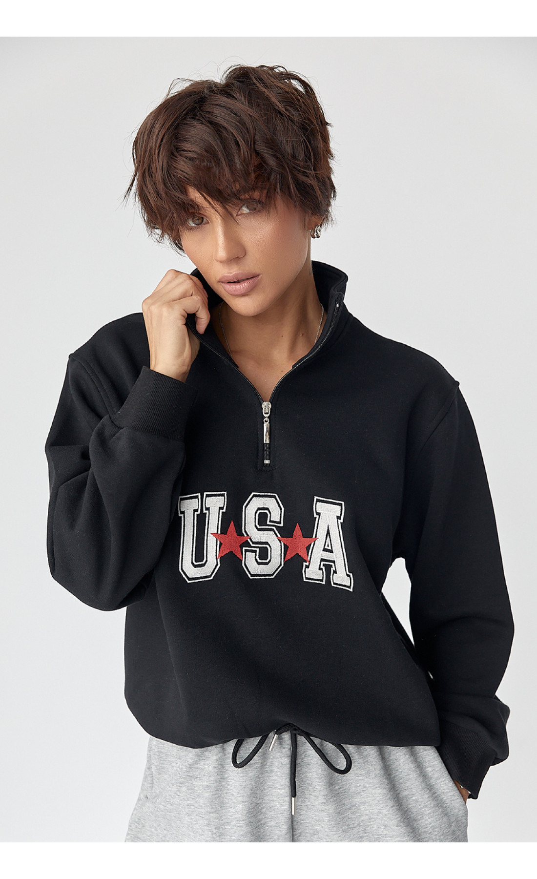 Теплий світшот з блискавкою на комірі  чорний колір