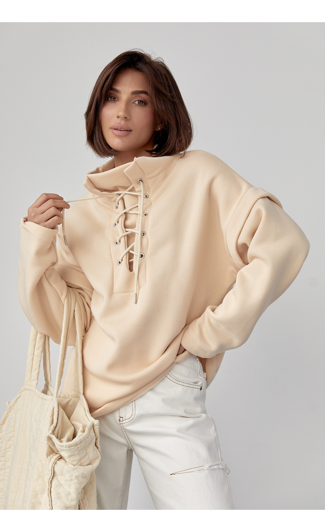 Теплий світшот із шнурівкою на горловині  бежевий колір