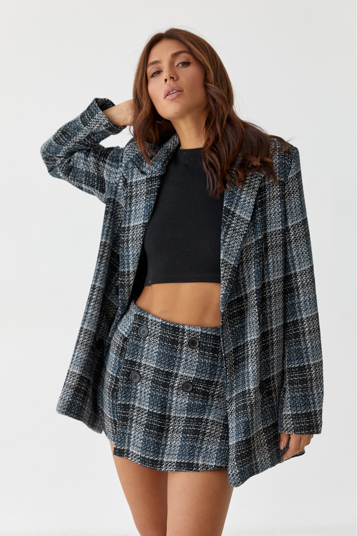 Жіночий костюм твідовий жакет і спідницяшорти SOBE  синій колір
