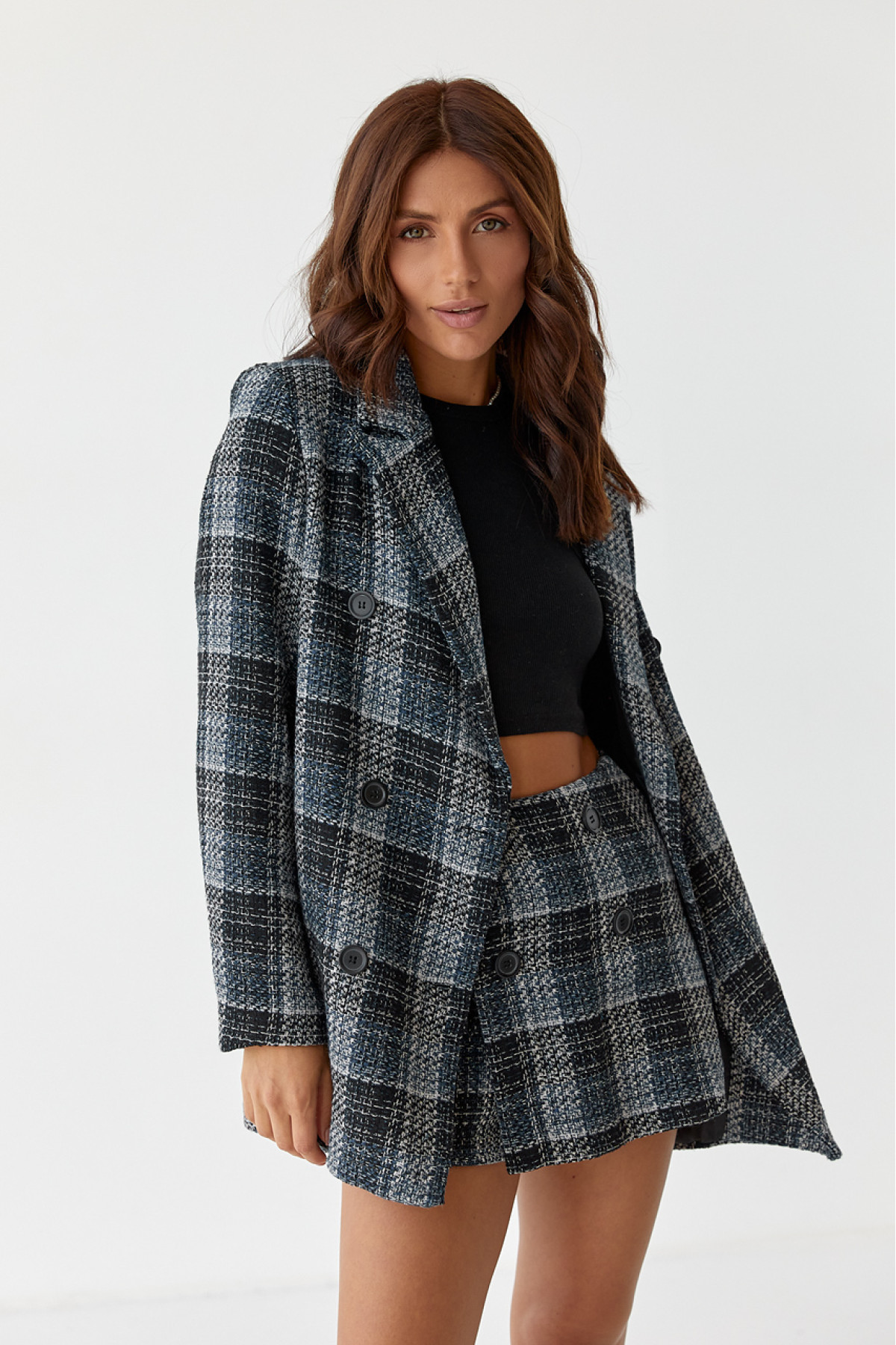 Жіночий костюм твідовий жакет і спідницяшорти SOBE  синій колір