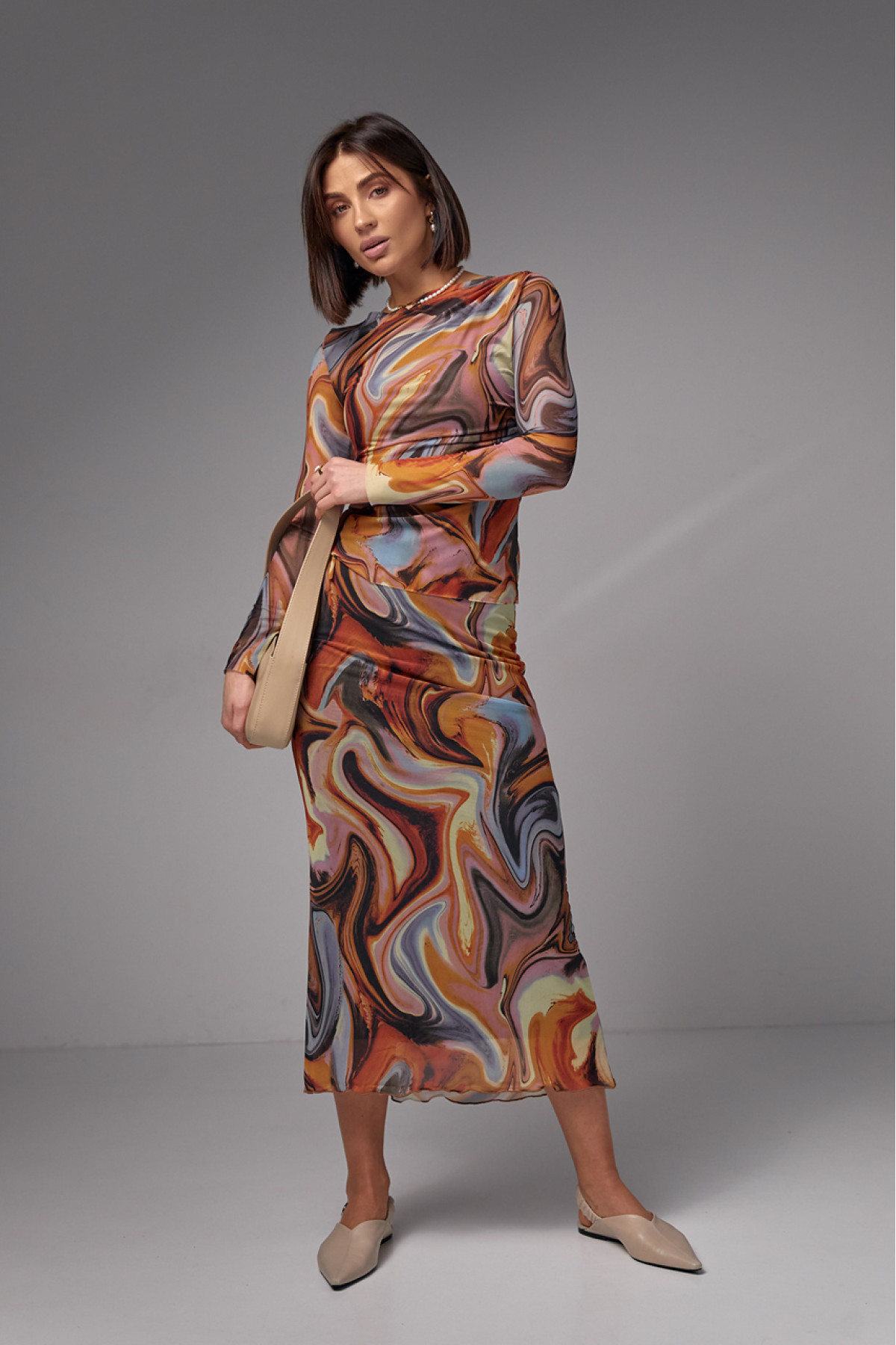 Костюм зі спідницеюміді та джемпером із сітки  теракотовий колір