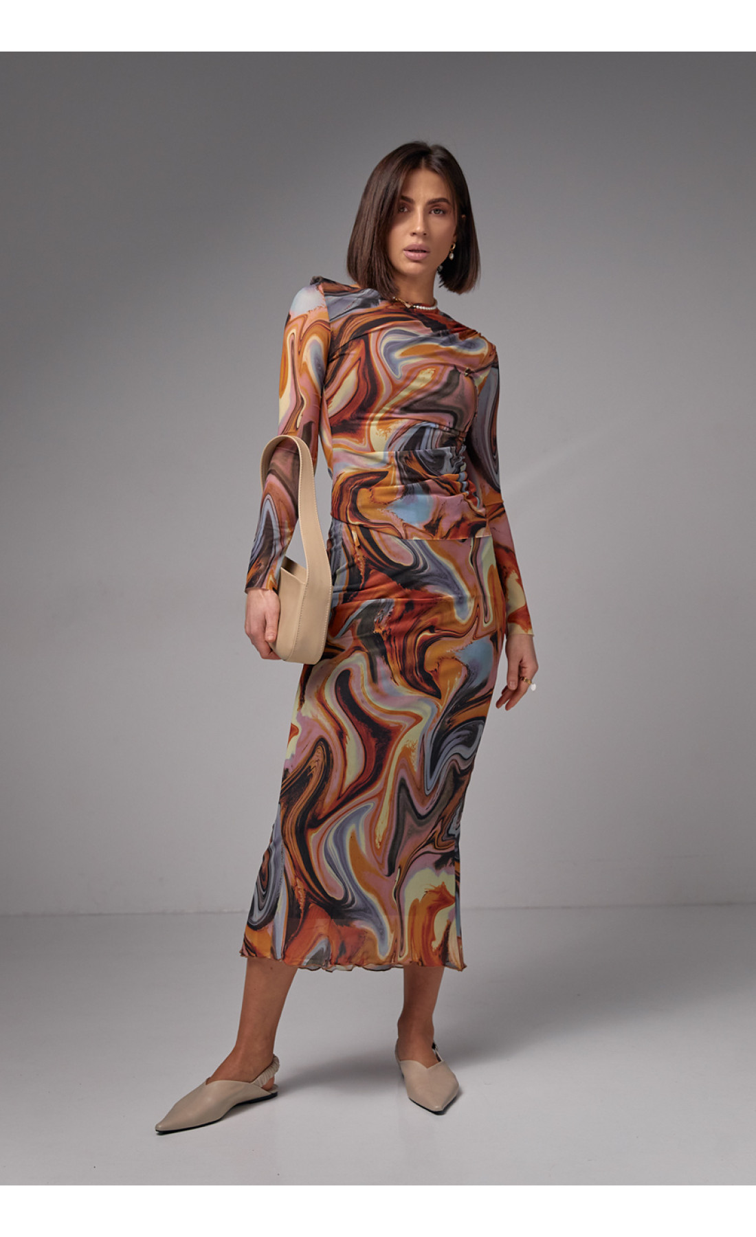 Костюм зі спідницеюміді та джемпером із сітки  теракотовий колір