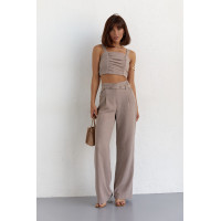 Жіночий бавовняний костюм із брюками та топом  кавовий колір